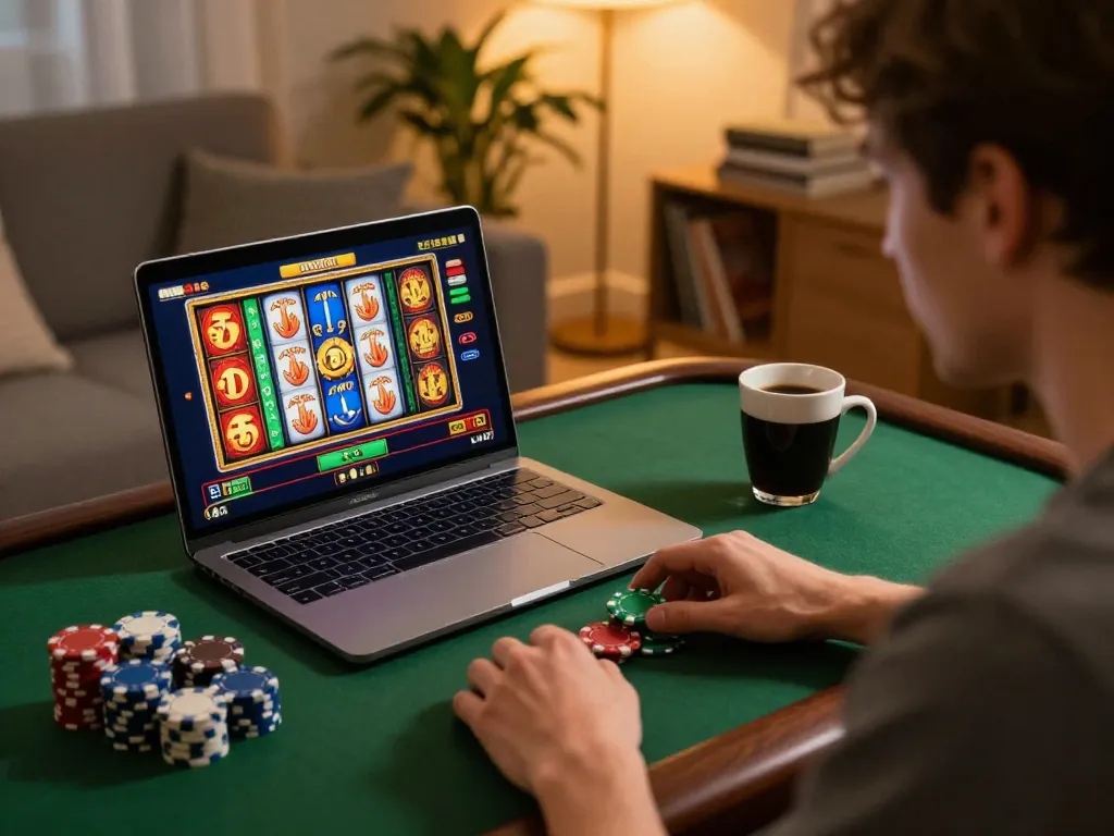 Person enjoys online gaming experience with lode88vi slot game on a laptop at home.