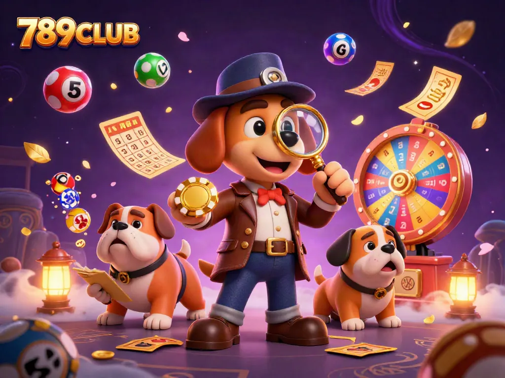 789CLUB illustrates a detective bloodhound uncovering treasures in a vibrant casino world.