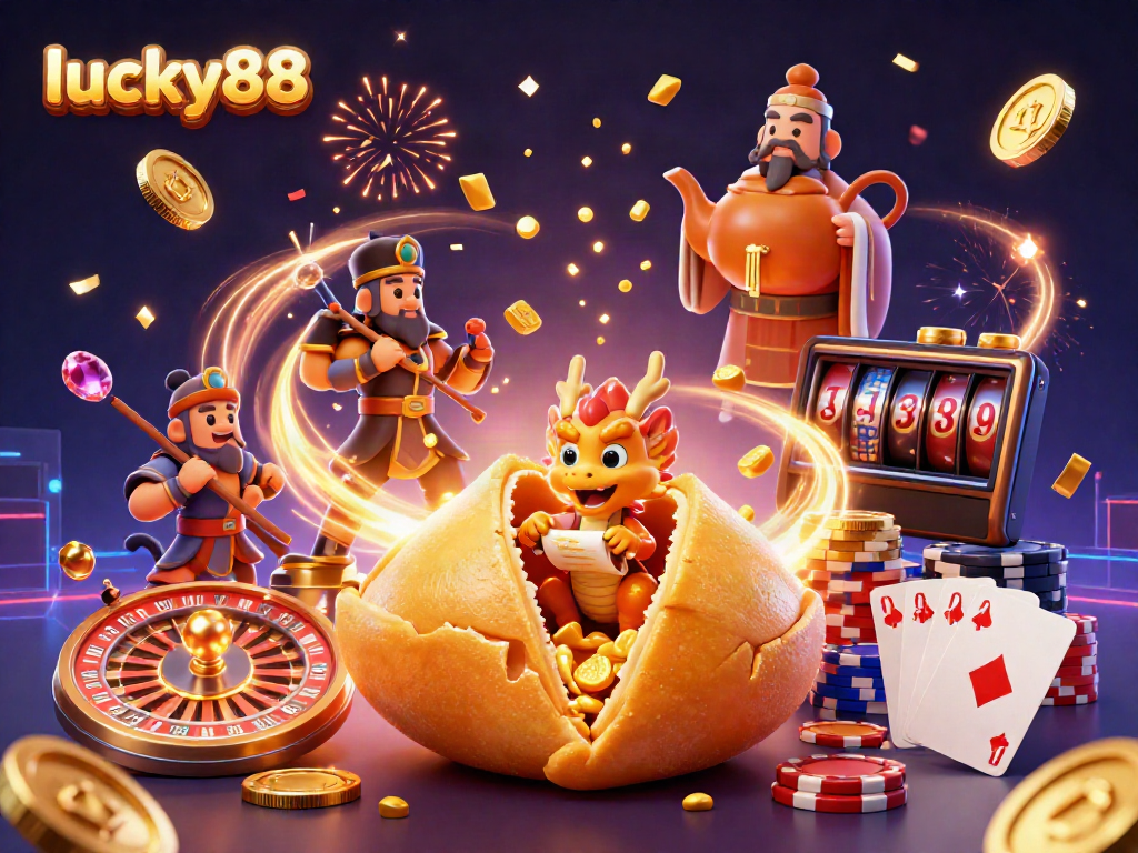 Win big with lucky88 in this vibrant 3D illustration featuring fortune cookies, golden dragons, and casino excitement.