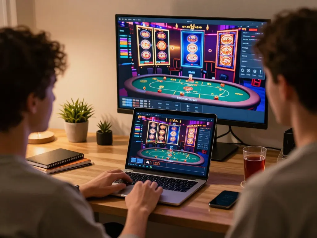 red88de user immersed in online gaming on laptop, highlighting engaging casino gameplay environment.