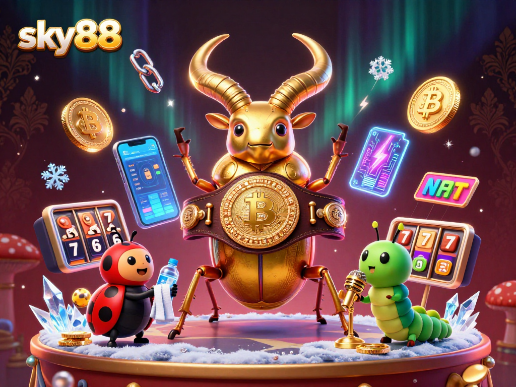 Engage with sky88's thrilling casino world featuring vibrant slot elements and glowing crypto coins.