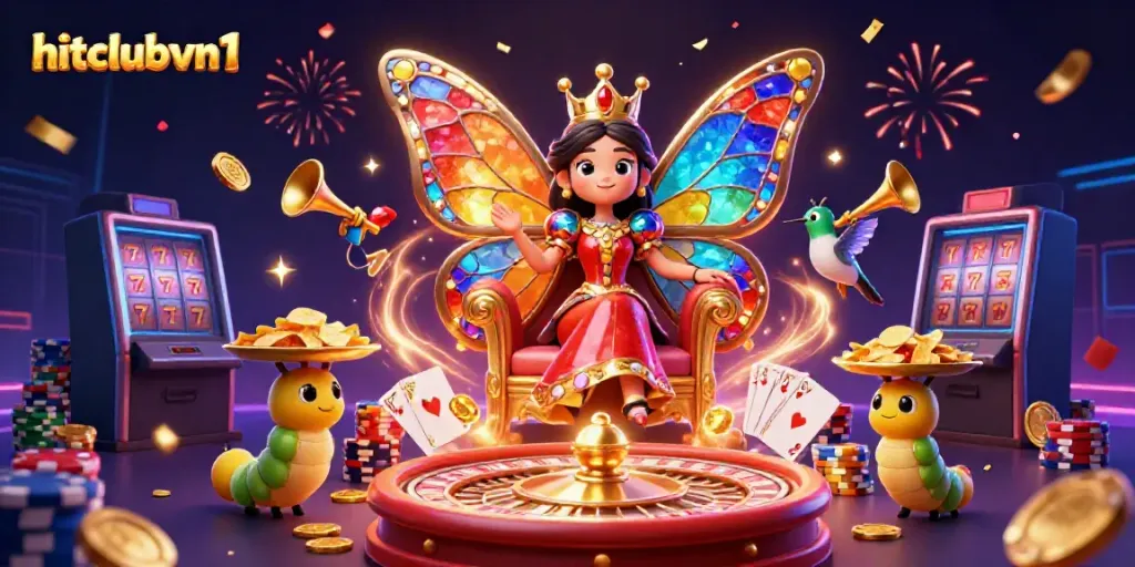 Experience excitement with hitclubvn1, featuring a whimsical casino-themed digital scene.