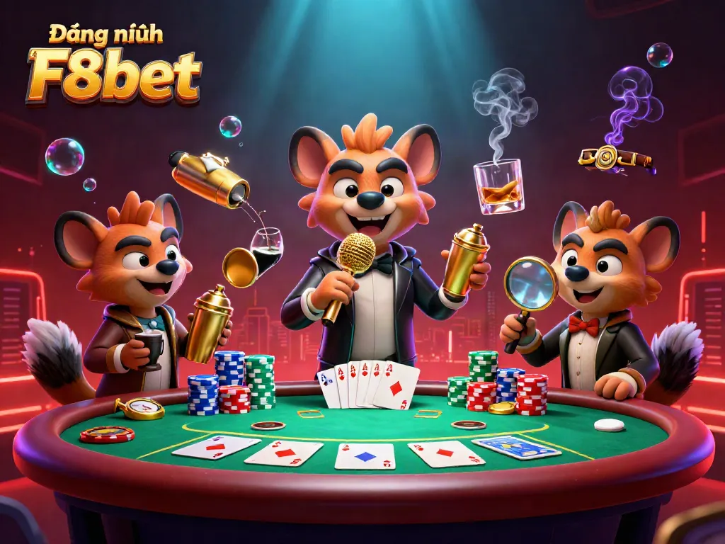 Engage with Đăng nhập F8bet in a vibrant casino environment featuring hyena characters and classic poker elements.