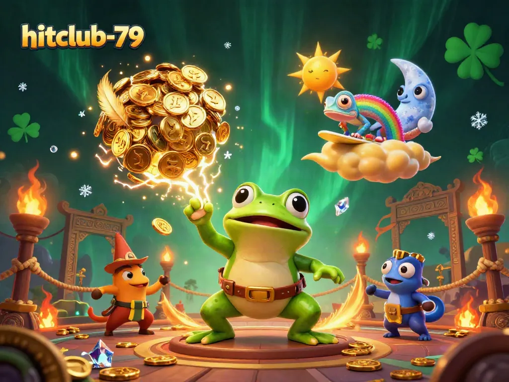Experience thrilling wins at hitclub-79 with vibrant characters amidst a storm of golden coins.