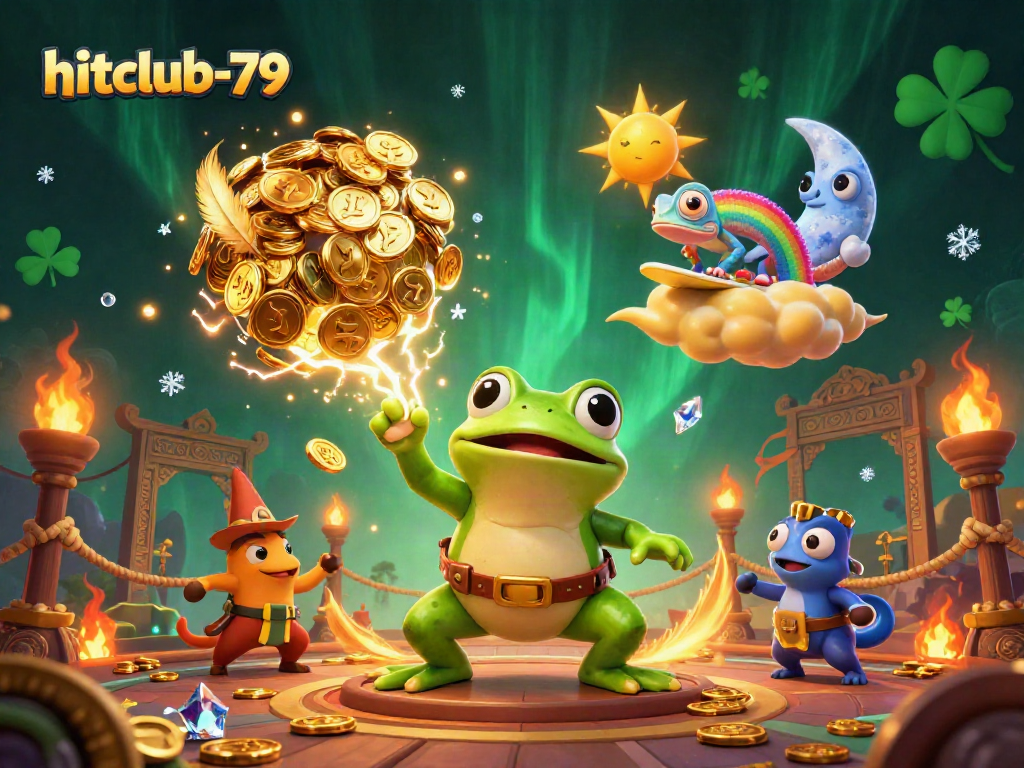 Experience thrilling wins at hitclub-79 with vibrant characters amidst a storm of golden coins.