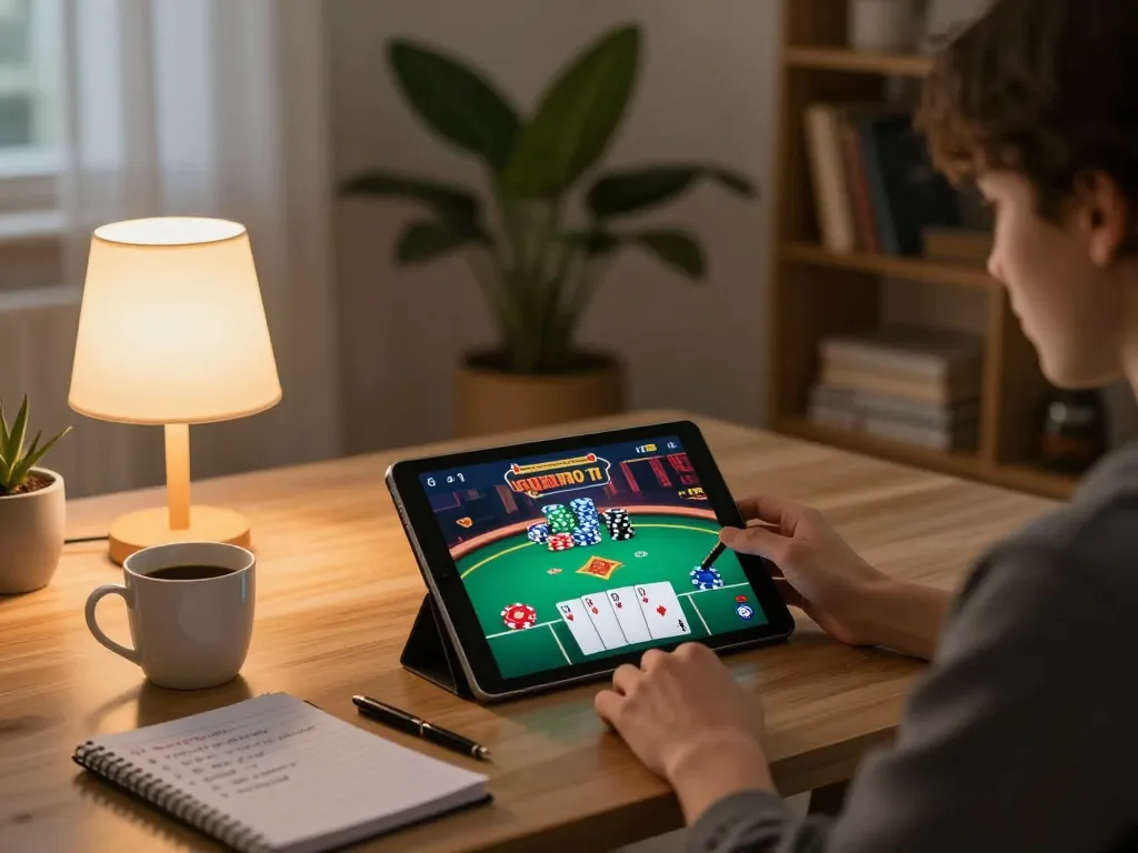 lu88vip player enjoying poker on tablet in cozy home setting with strategy notes