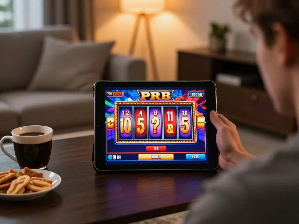 Engaging in online pokies real money gameplay on a tablet in a cozy living room setting.