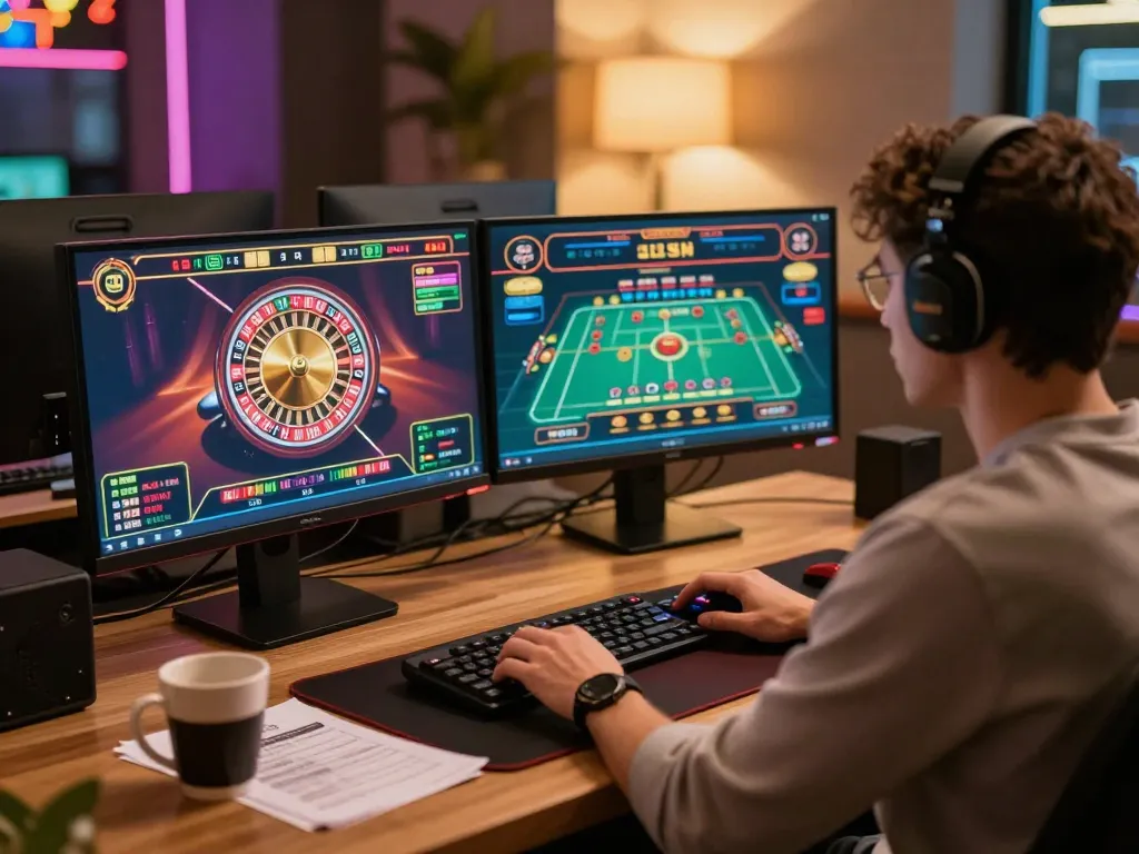 Player engaged in online gambling at home, showcasing various vu88a casino games for strategic gameplay.