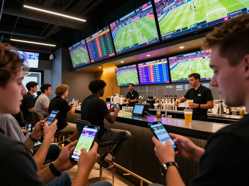 vin88a sports betting lounge with enthusiastic bettors using mobile apps and large screens displaying live games