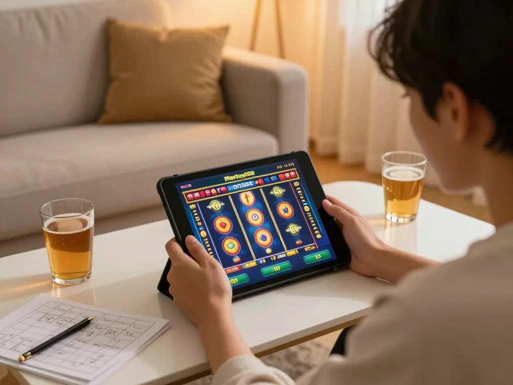 Engaging gameplay as users play slots with link free credit on Mantap88 on a tablet in a cozy home setup.