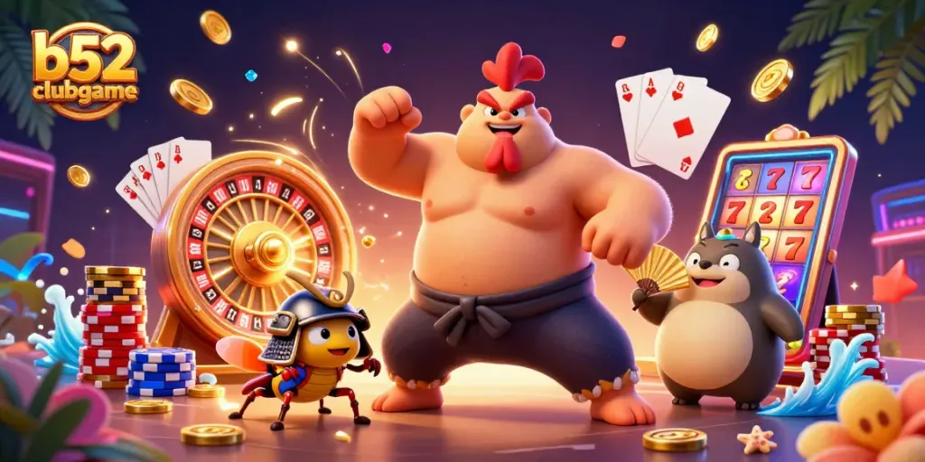 B52clubgame's thrilling casino scene showcases vibrant characters, sparkling gems, and dynamic gameplay elements.