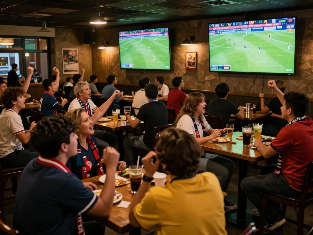 bóng đá hôm nay trực tiếp at a lively sports bar, patrons enjoying the match on multiple screens.