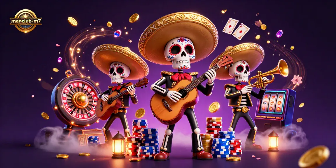 Engaging scene of manclub-m7 with vibrant skeleton mariachi band amidst cascading casino elements.