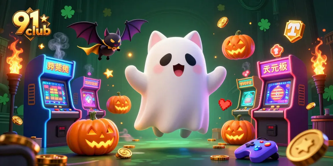 Engage with 91 club’s thrilling 3D ghost cat adventure in a haunted casino scene, featuring vibrant gaming effects.