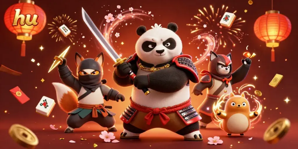 Experience the vibrant world of hu with a samurai panda and ninja fox in this dynamic casino scene.