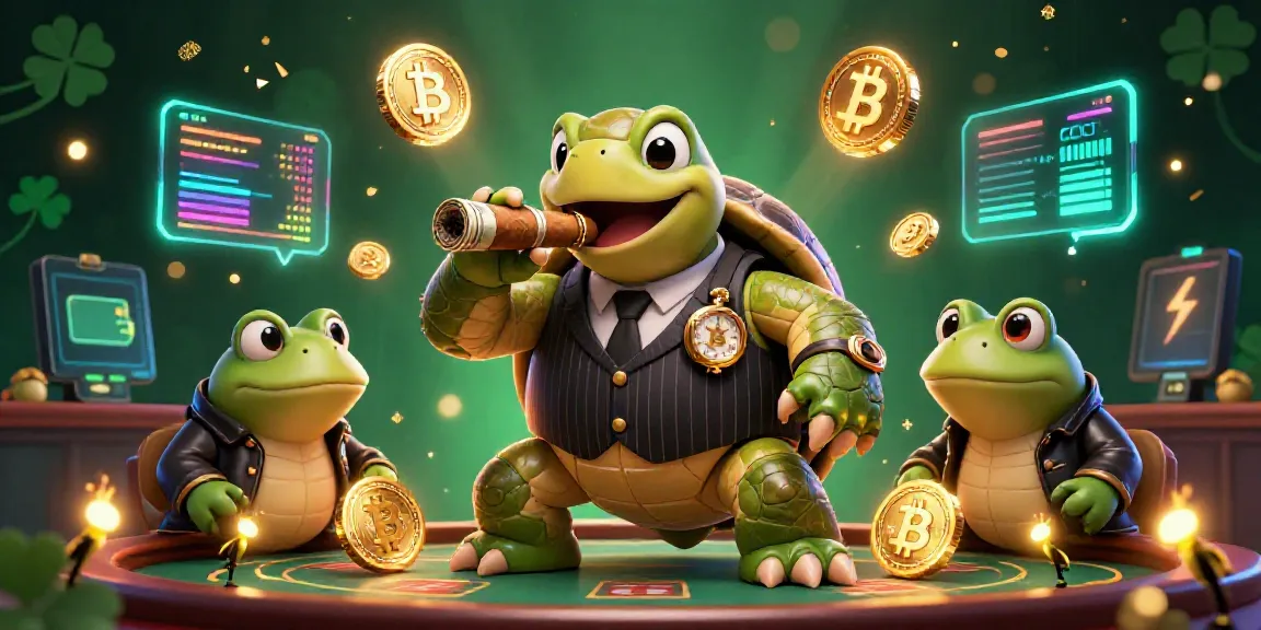 Engage in the hitclub01 casino experience with a vibrant scene featuring a mobster turtle and bullfrog enforcers.