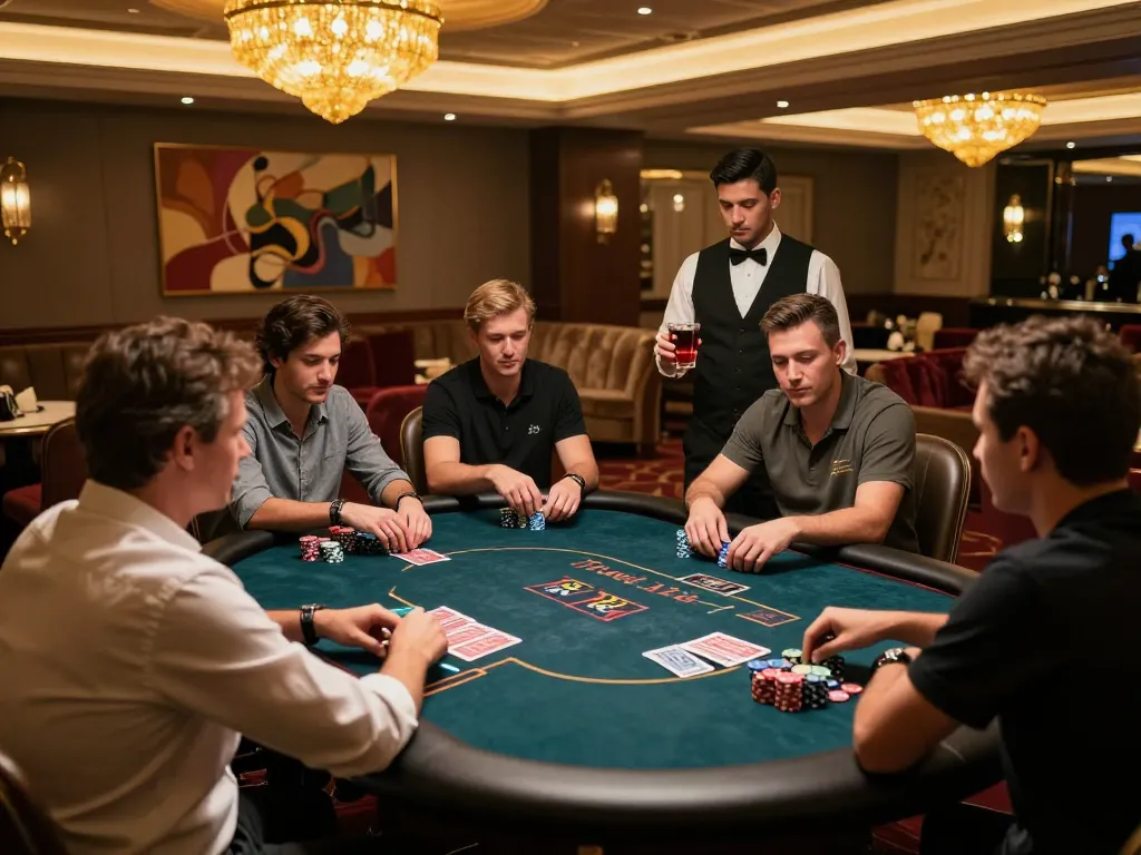 TA88 engaging players at exclusive poker table in upscale casino VIP lounge, showcasing strategic gameplay atmosphere.