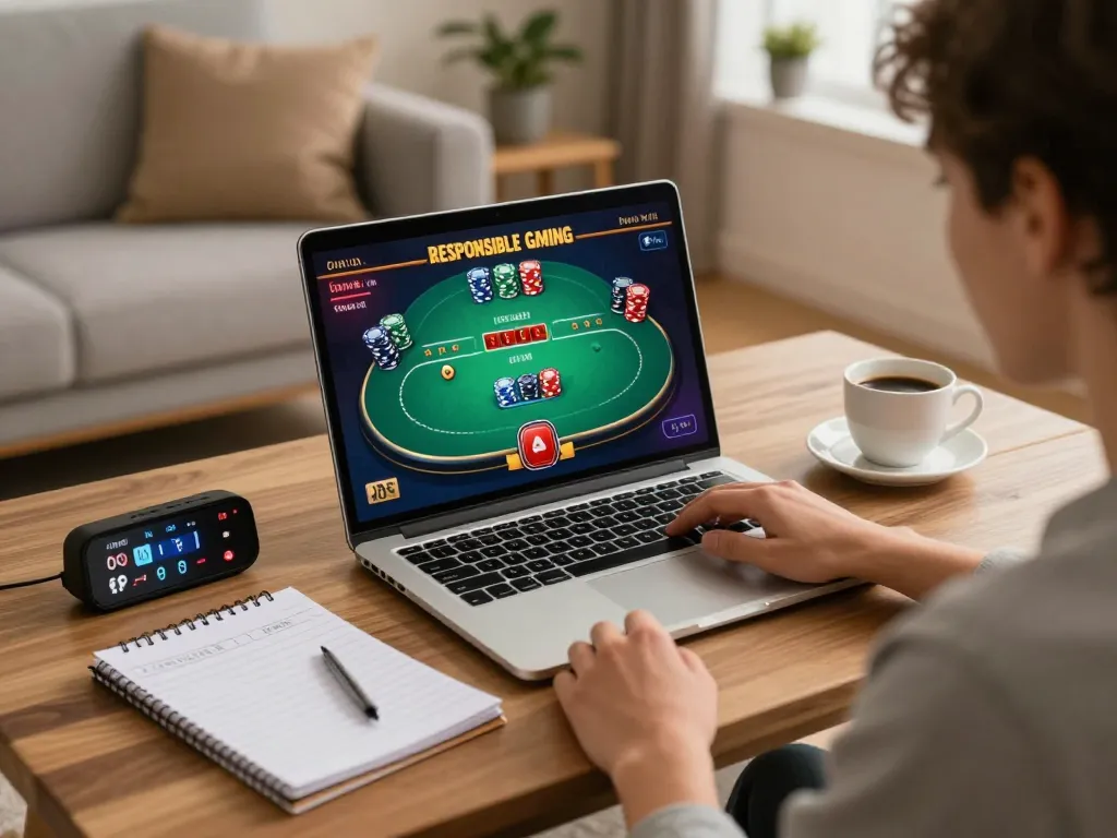Engaging in online poker at home using laptop, promoting responsible gaming with notes and timer, featuring five88cd.