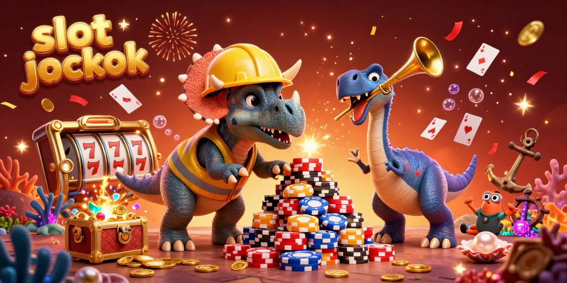 Experience the excitement of slot jackpot celebrations with lively triceratops building a poker chip pyramid.