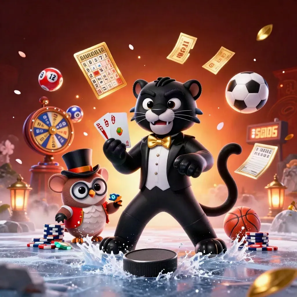 Hockeypuck exploderar med casinofigurer, neonljus och spelobjekt i mörk lyxig stil.