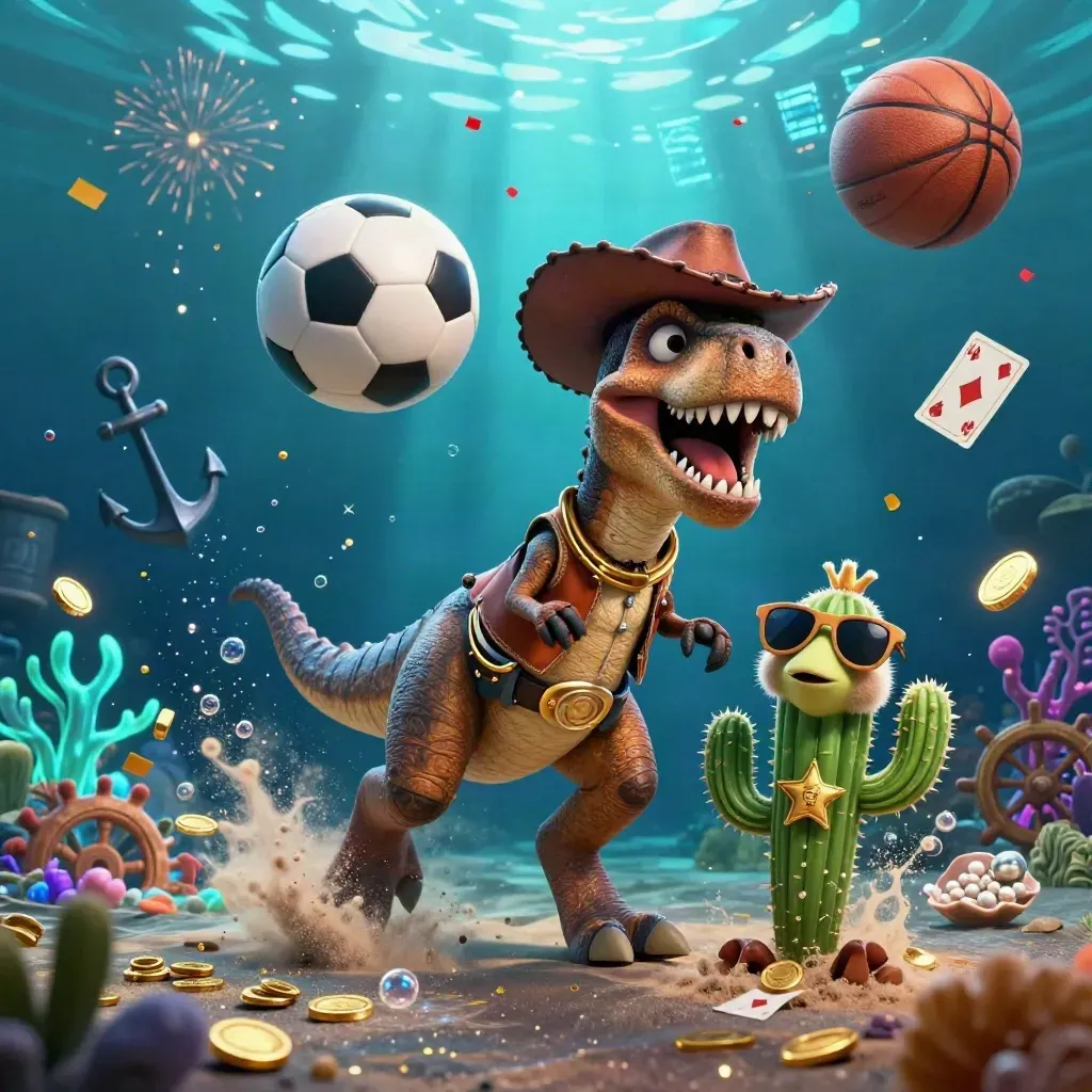 Cowboy-T-Rex, kaktus och fågel i neonblå undervattensskatt med bollar och guldmynt.