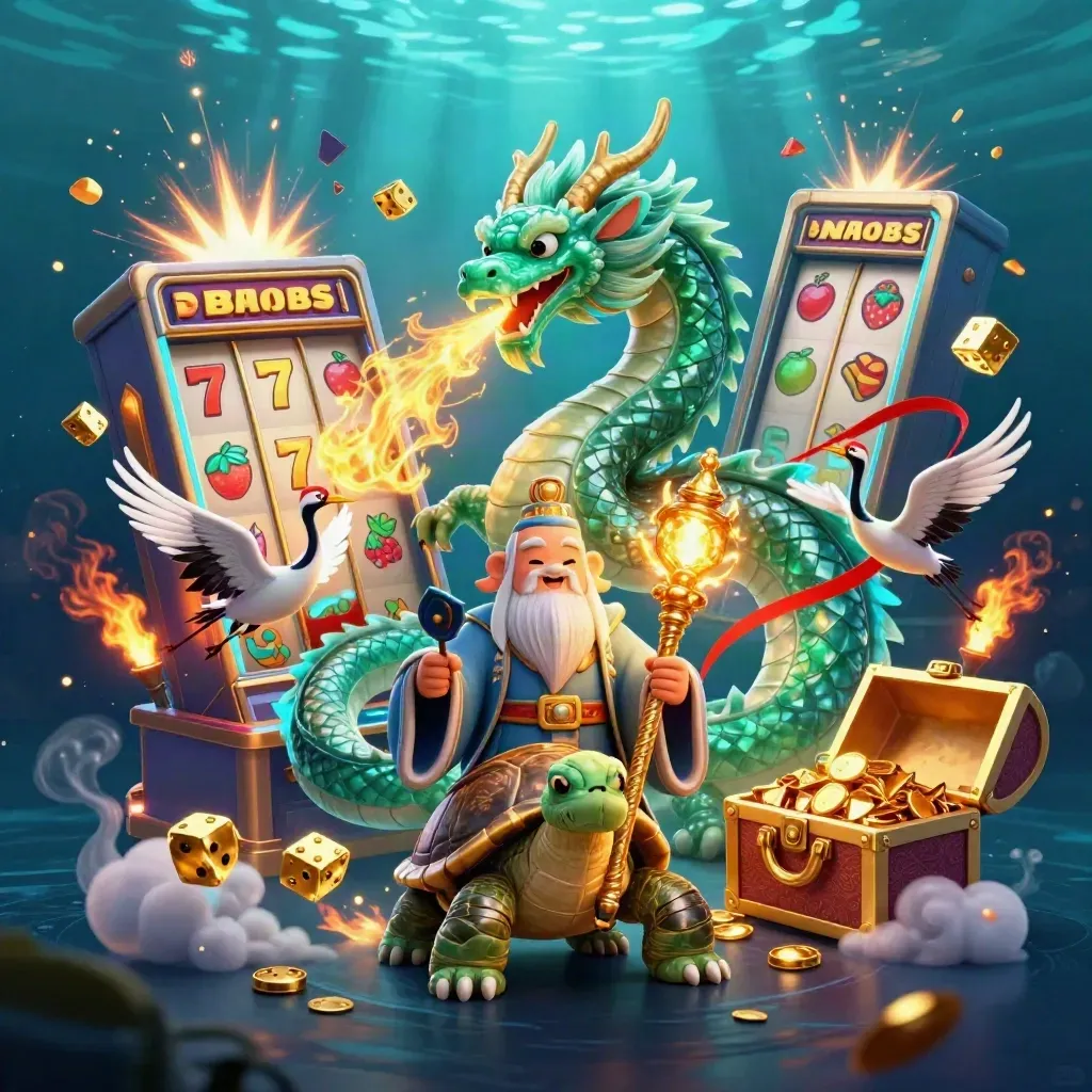 Jadefärgad drake, sköldpadda och tranor i neon med slotmaskin, guld och jackpot-sprak