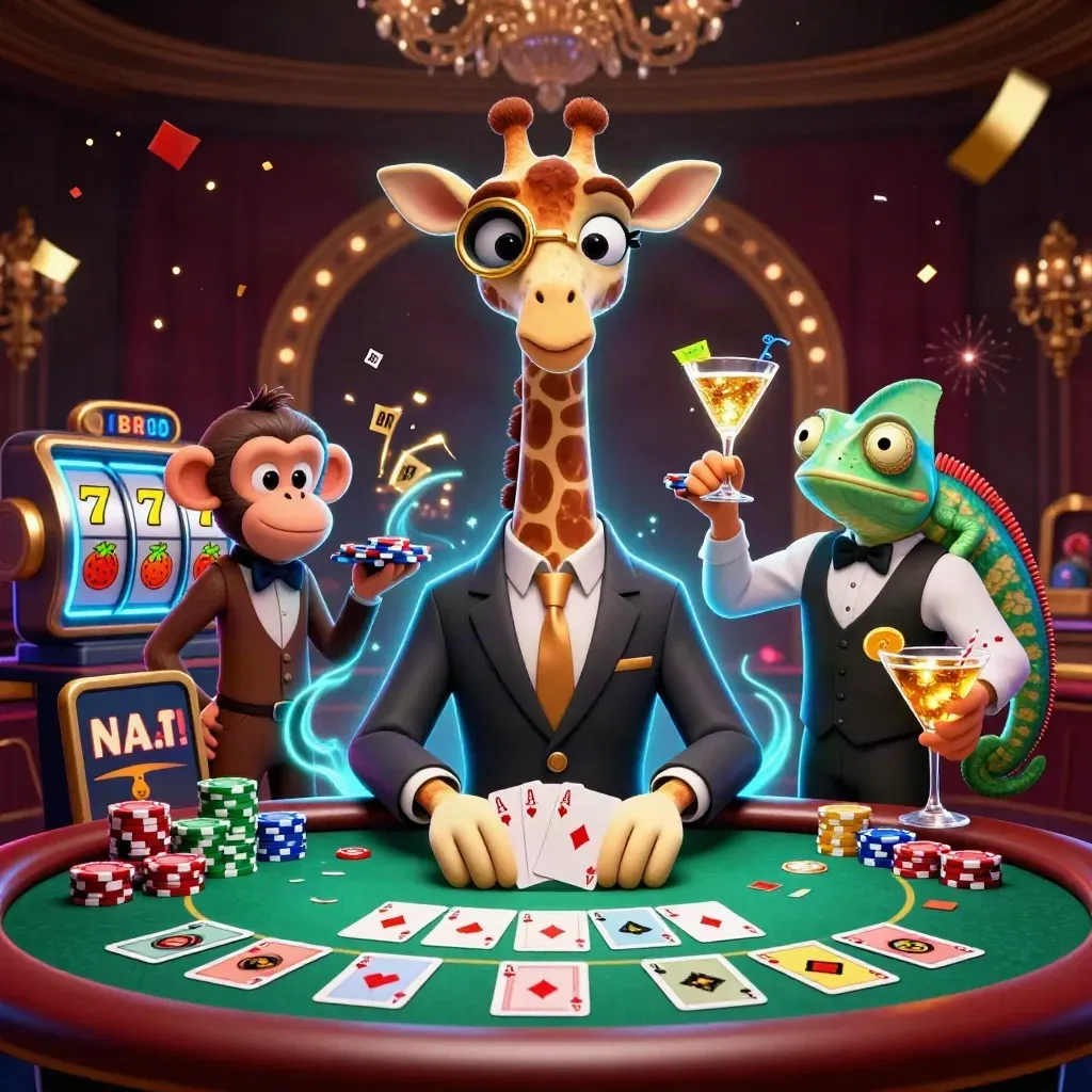 Tre djur i kasino-look runt pokerbord med neon, chips och konfetti.
