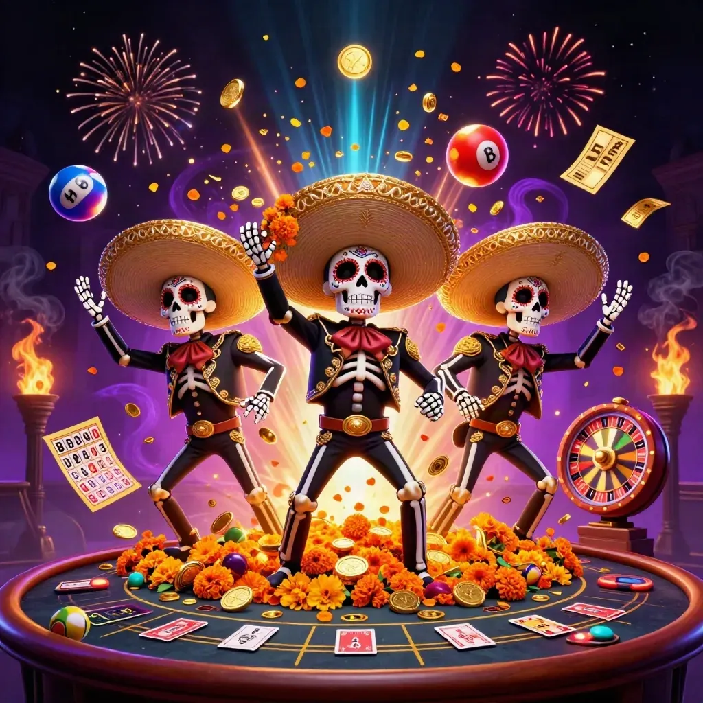 Tre skelettmariachis bland mynt, hjul och neonljus i mörk casinoatmosfär