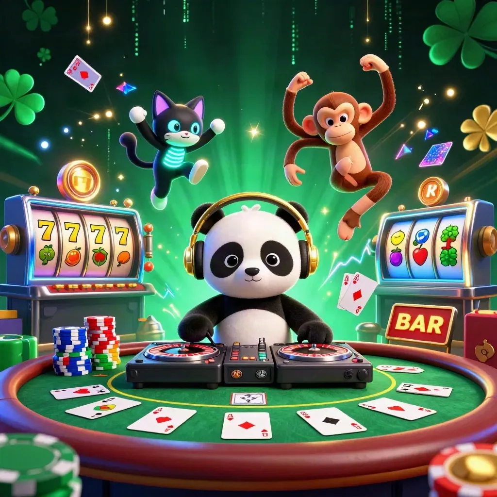 DJ-panda, dansande apa och glow-stick katt i neoncasino med poker och slots.