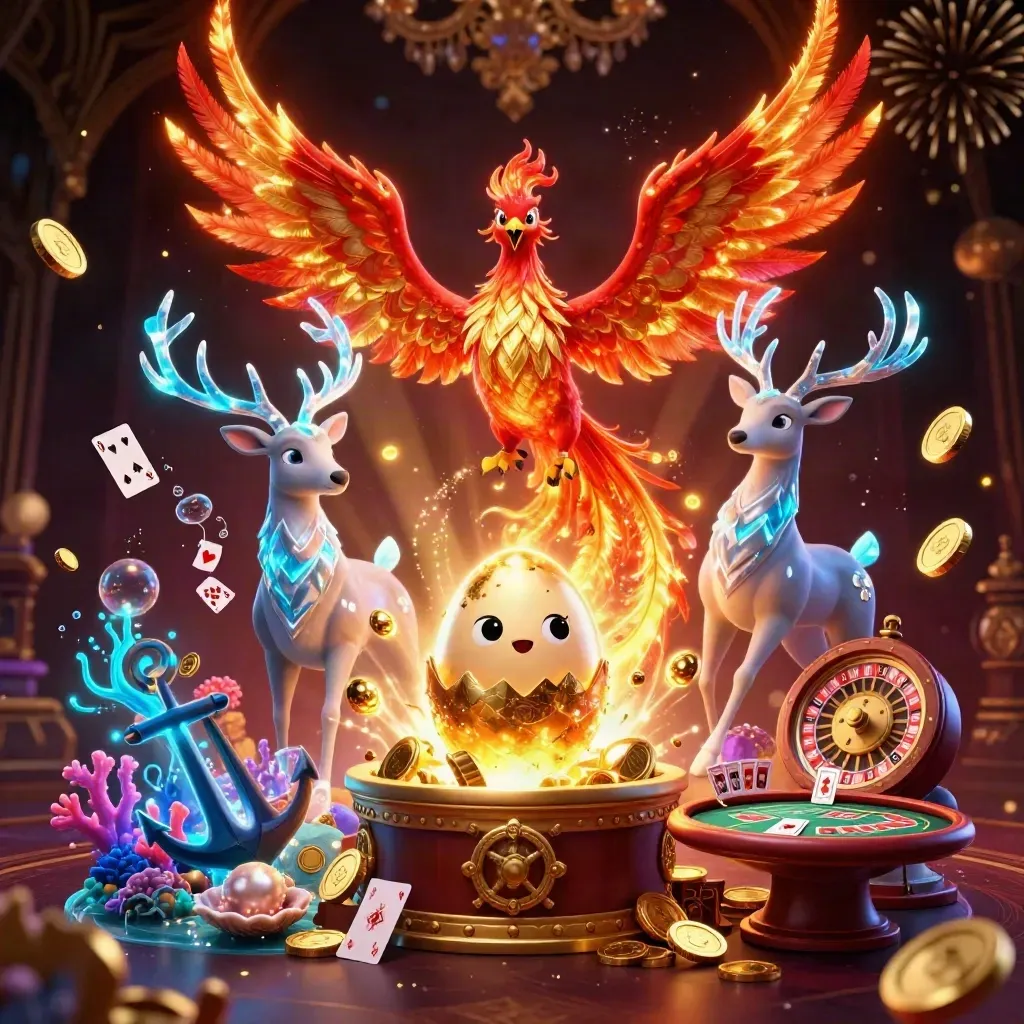 Neonfärgad casinokonst med fenix, hjort, myntregn och lyxig festkänsla
