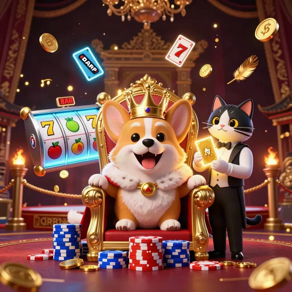 Kunglig corgi och kattbutler på pokerchips med neon, mynt och slotreels