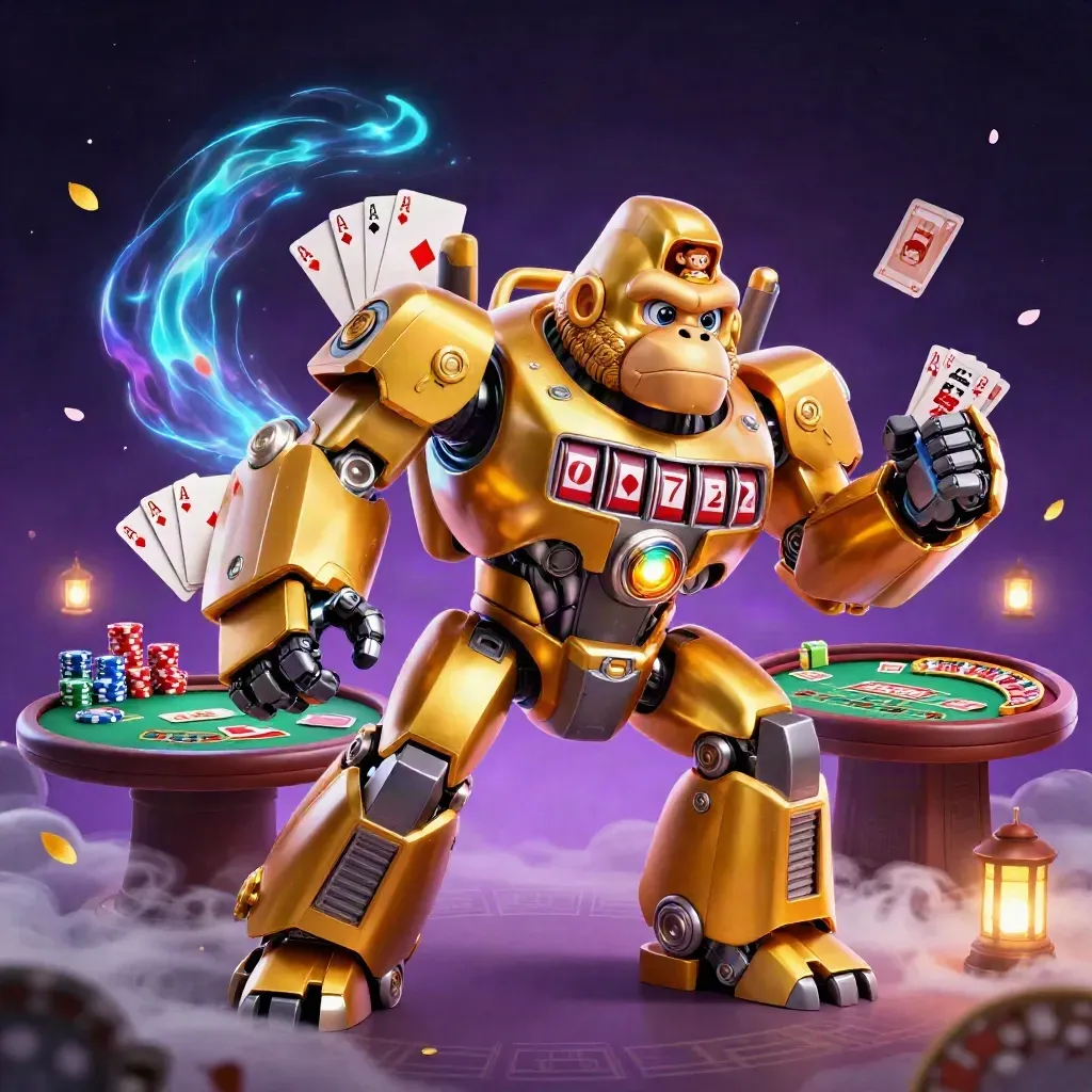 Gyllene gorillamech med slottrullar, pokerbord och neonljus i lila natt
