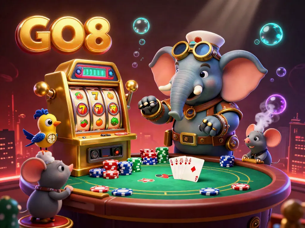 Engage with the thrilling GO8 online casino experience featuring a steampunk elephant at a golden slot machine.