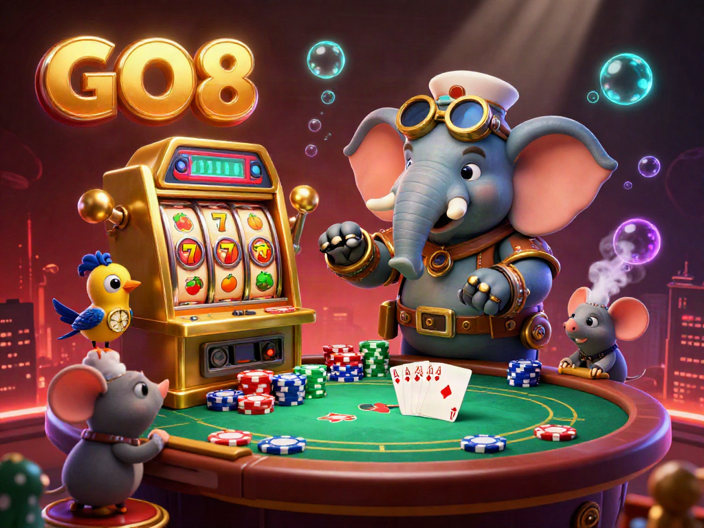 Engage with the thrilling GO8 online casino experience featuring a steampunk elephant at a golden slot machine.
