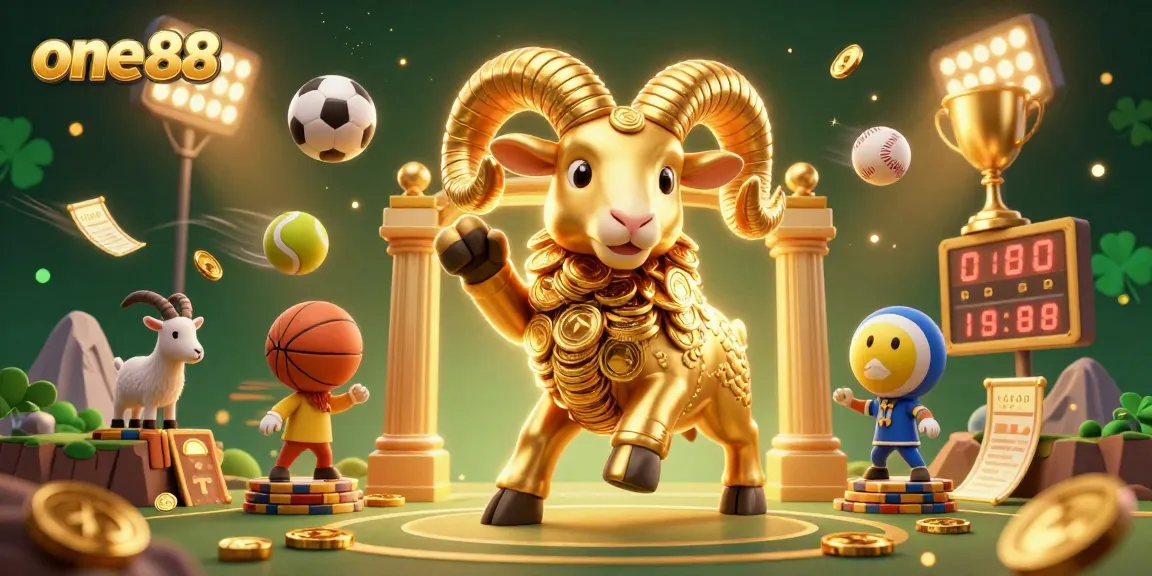 Experience exhilarating sports betting with one88 illustrated in a vibrant 3D scene filled with dynamic elements.
