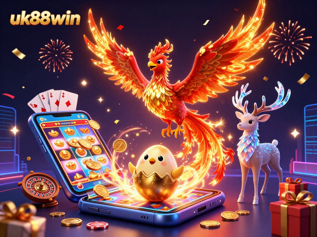 Spin reels and win big with uk88win's gaming magic in vibrant 3D illustration.