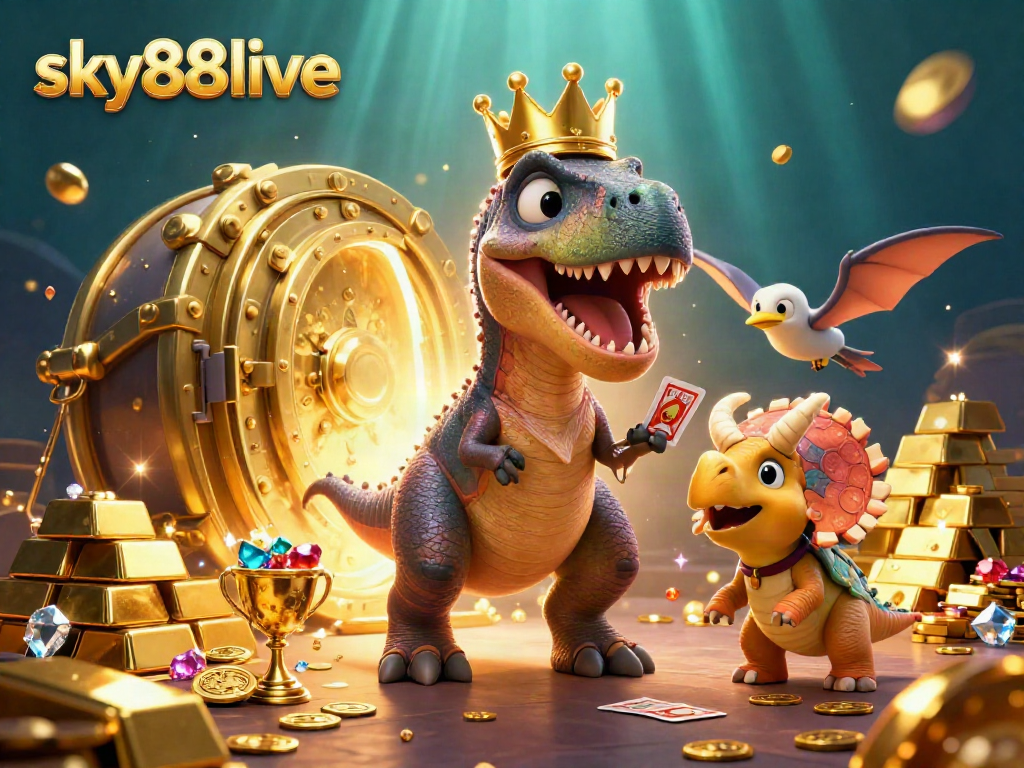 Experience the excitement of sky88live gaming with cartoon dinosaurs shuffling cards and stacking chips.