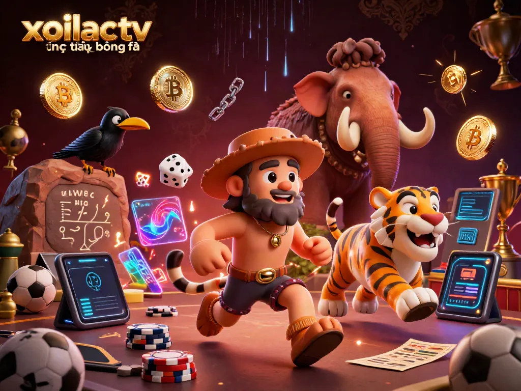 Xoilac TV trực tiếp bóng đá illustration showcasing a prehistoric casino with characters and sports betting elements