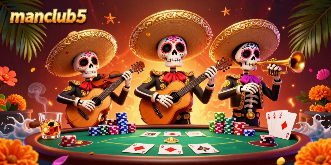 manclub5 casino event with mariachi skeletons surrounded by poker elements and vibrant decorations.
