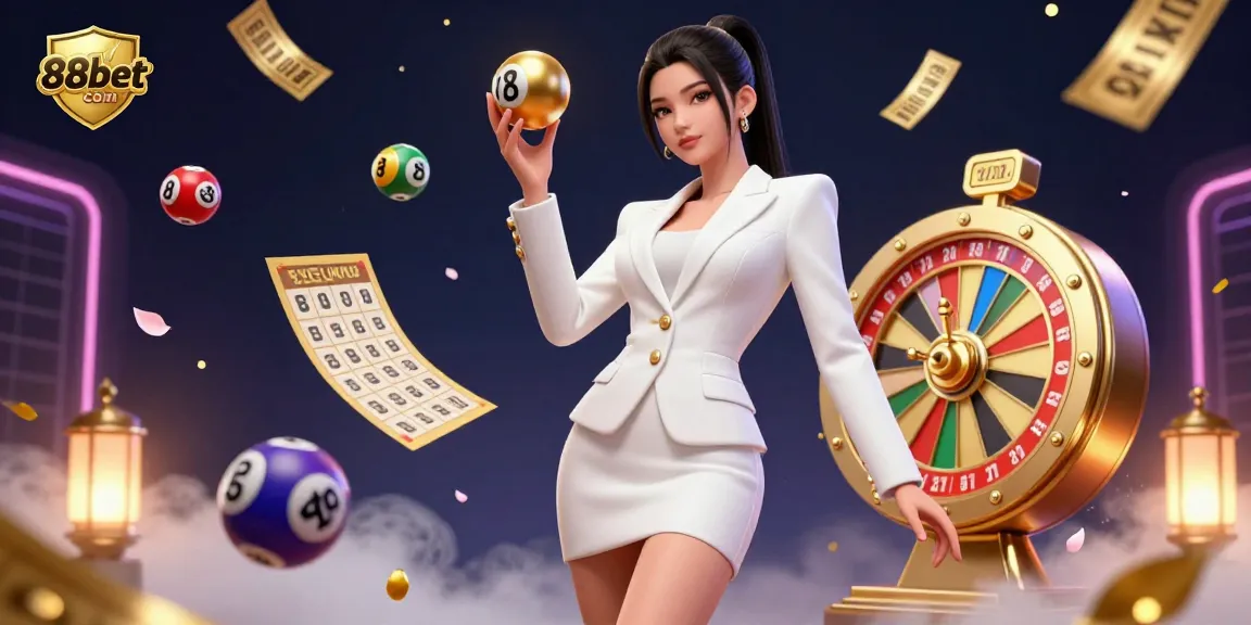 Experience exhilarating gaming with 88bet com, featuring a stunning casino scene showcasing vibrant lottery elements and a confident dealer.