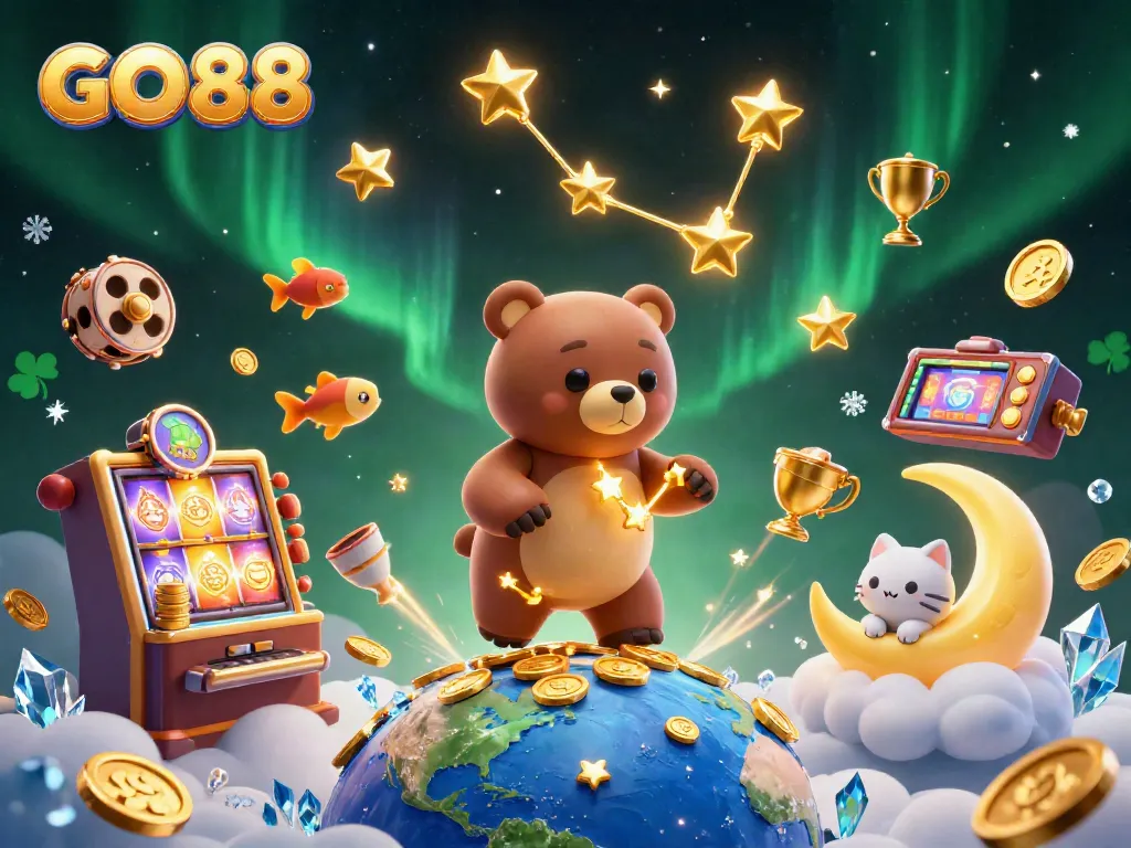 Enjoy thrilling gaming at GO 88 with vibrant casino elements and a magical bear!