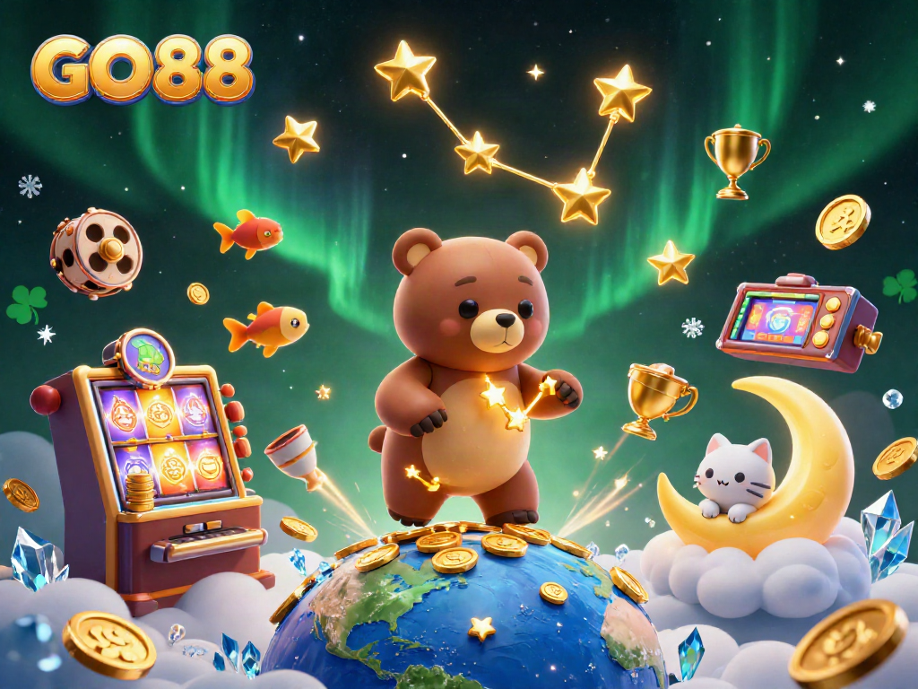 Enjoy thrilling gaming at GO 88 with vibrant casino elements and a magical bear!
