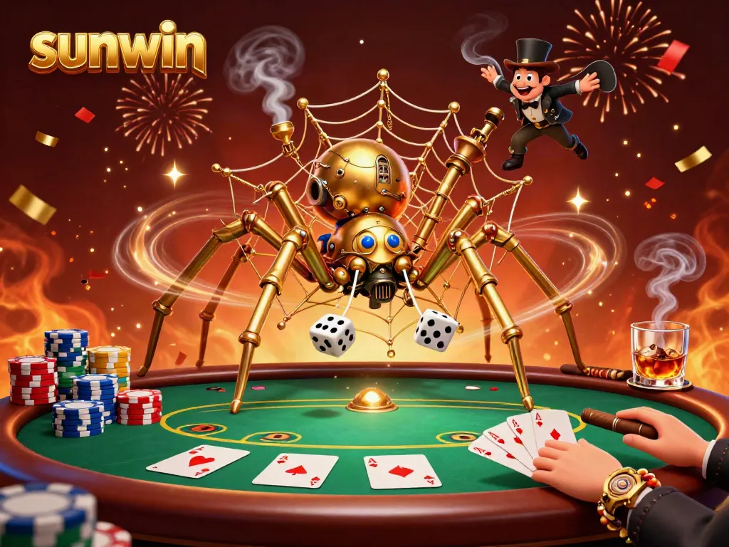 Experience thrilling gaming at sunwin with a 3D illustration of a steampunk spider and Victorian elements.