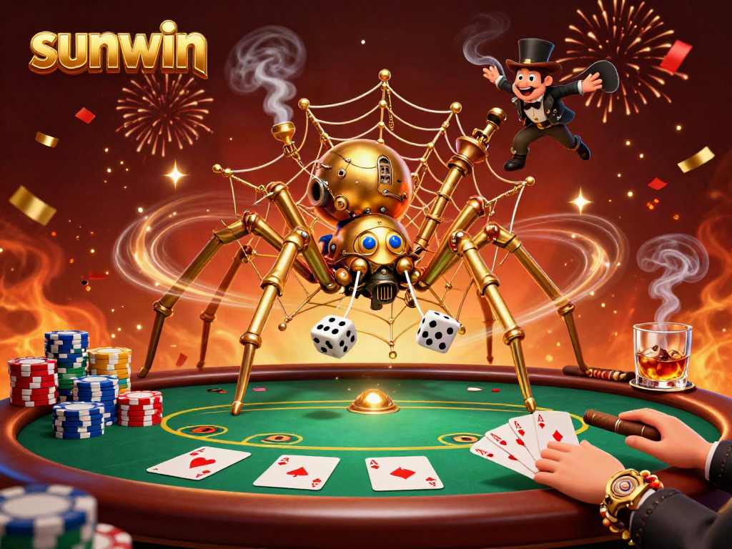 Experience thrilling gaming at sunwin with a 3D illustration of a steampunk spider and Victorian elements.