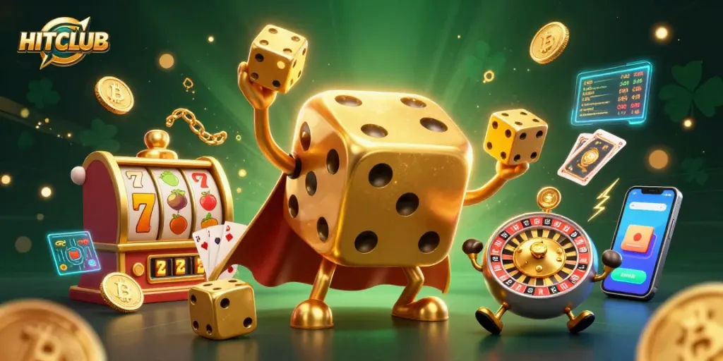 Experience thrilling gameplay at HITCLUB with golden dice and vibrant casino elements.