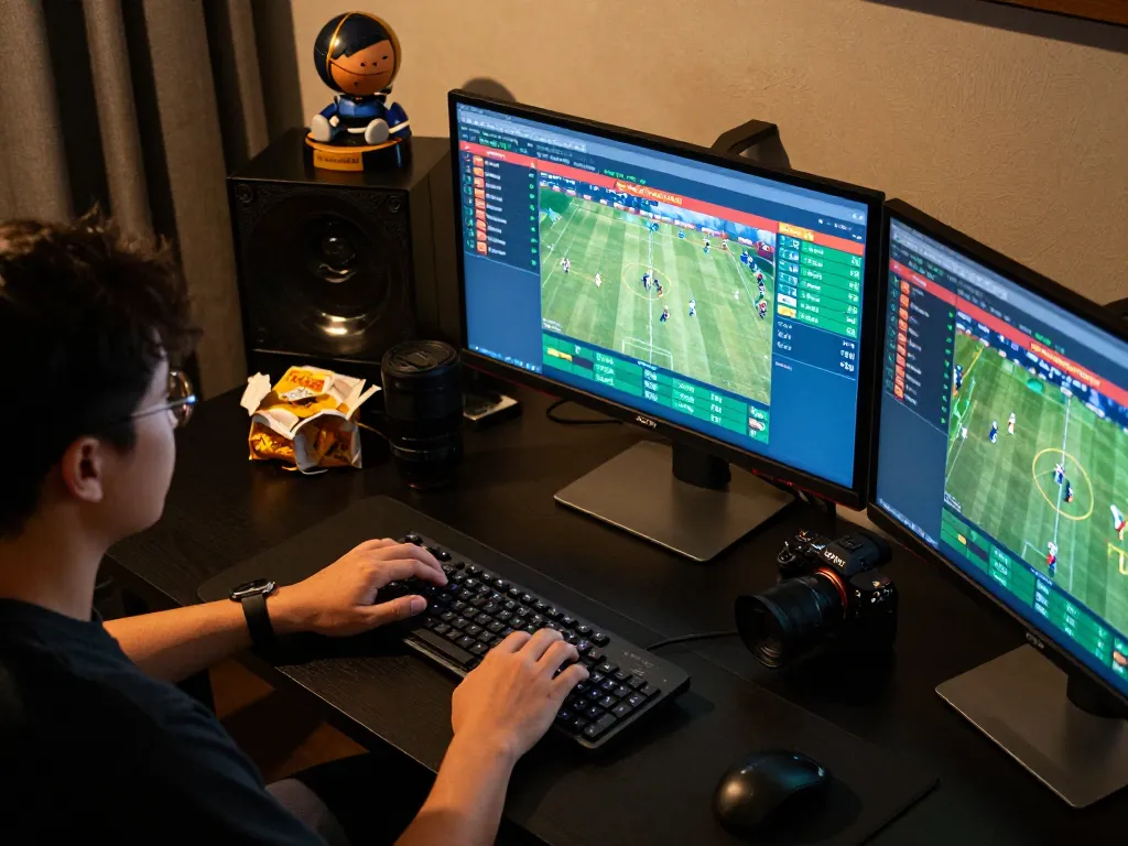Active sports betting session showcasing kèo nhà cái with multiple screens highlighting live odds and strategic betting.