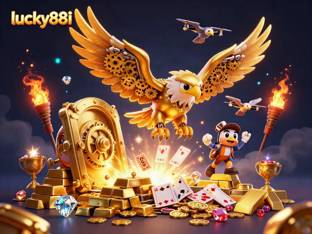 Experience thrilling gameplay at lucky88i with a vibrant 3D illustration of gaming excitement.