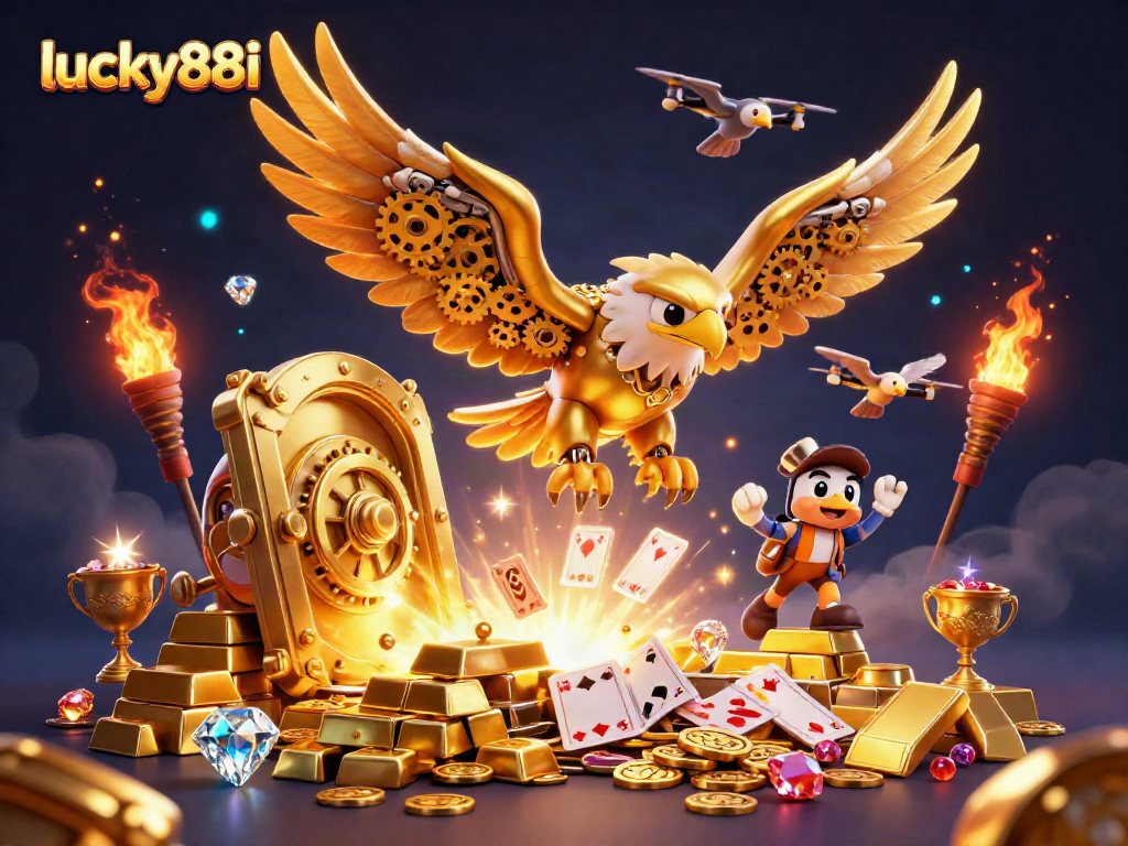 Experience thrilling gameplay at lucky88i with a vibrant 3D illustration of gaming excitement.