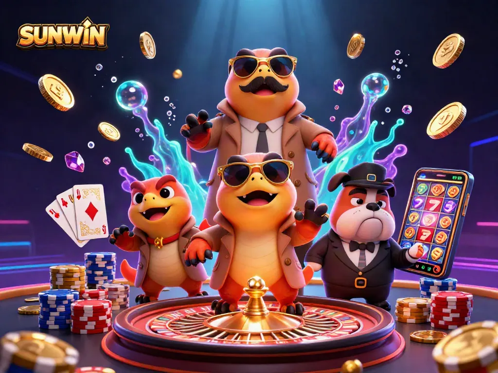 SUNWIN casino raptors entering VIP lounge with golden coins and roulette, showcasing vibrant gaming action