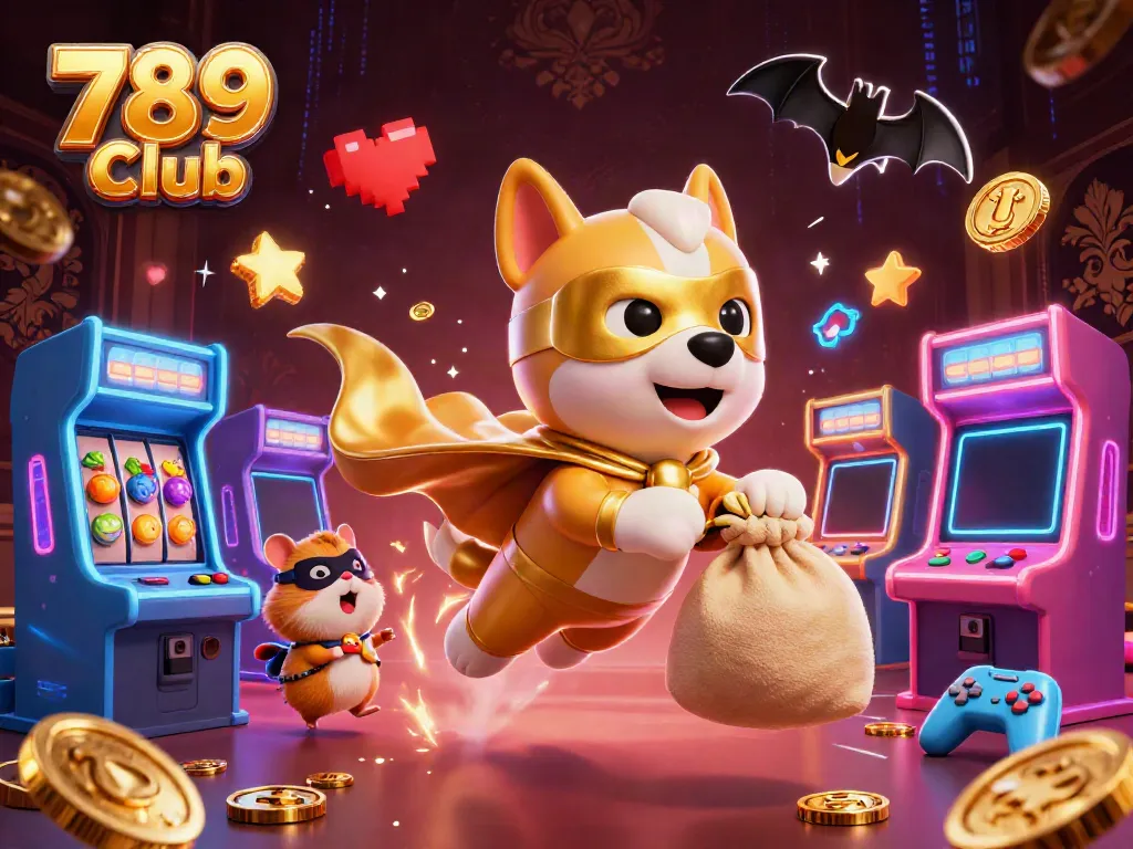 Experience thrilling gameplay with 789 Club's superhero dog and gold coins in a vibrant casino setting